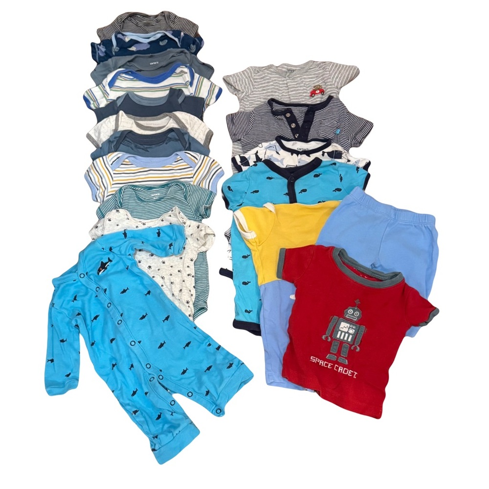 Baby Boy 0-3M Clothing Bundle – 18 Pc Lot Bodysuits, Rompers, Pants, Tee